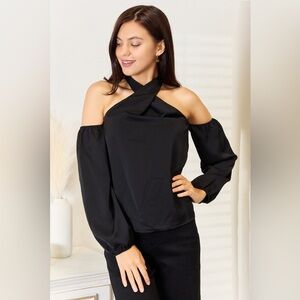 Perfee Grecian Cold Shoulder Long Sleeve Blouse